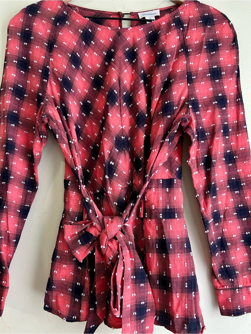 Sundance Tie Waist Peplum Long Sleeve Plaid Blouse - Picture 2 of 6